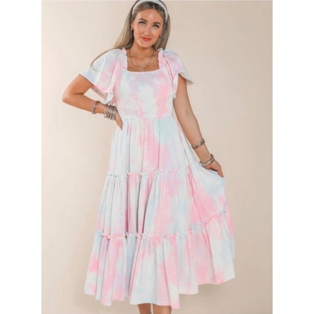 Ivy‎ City Co Tie Dye Smocked Tiered Midi Dress 3X Pink Blue Cotton Candy Pastel